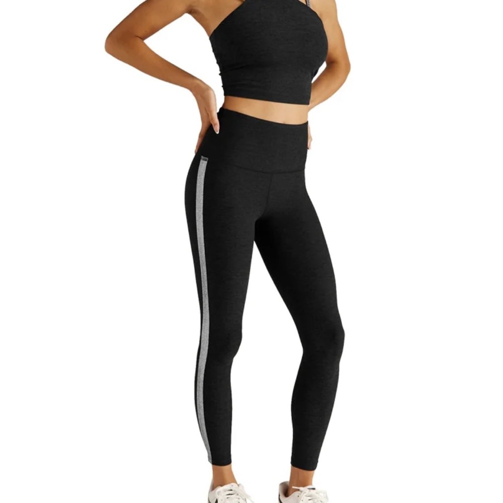 Beyond Yoga Black Leggings with Silver Side Stripe